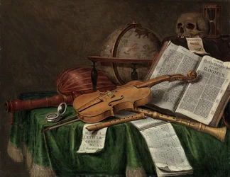 Vanitas con un globo astrologico, un violino, un teschio, una clessidra, un libro aperto, uno spartito, un orologio, un liuto e altri strumenti musicali su un tavolo drappeggiato
