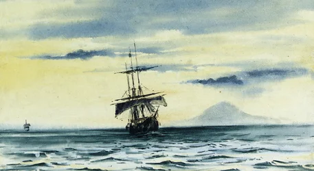 L’ultima vista del Monte Discovery: SS. «Morning» e «Terra Nova» seguono la «Discovery» fuori dallo stretto di McMurdo, 19.02.04, mezzanotte, 1904