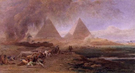 Una carovana sorpresa da una tempesta di sabbia, Egitto