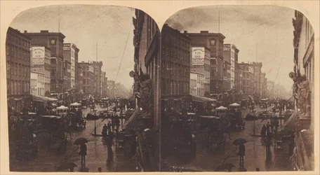 Broadway sotto la pioggia, probabilmente presa dal 308 o 310 Broadway, New York City, ca. 1860s