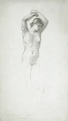 Nudo femminile in piedi con le braccia alzate