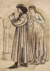 Scena del Re René che scolpisce una figura mentre è osservato dalla sua nuova sposa (penna e inchiostro di china con lavaggio e matita su carta)