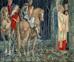 La ricerca del Santo Graal - Pannello 3 - Il fallimento di Sir Gawaine; Sir Gawaine e Sir Uwaine alla cappella in rovina, 1895-96