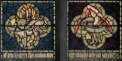 Birmingham, Acocks Green, St Mary the Virgin, Morris & Co., Edward Burne-Jones, John Henry Dearle (1859-1932), Simboli degli evangelisti, San Luca e San Giovanni, 1895