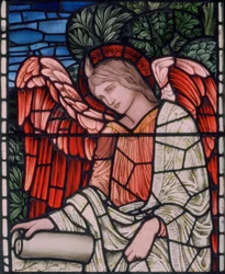 Birmingham, Acocks Green, St Mary the Virgin, Morris & Co., Edward Burne-Jones, John Henry Dearle (1859-1932), Angelo con rotolo, dettaglio, 1895