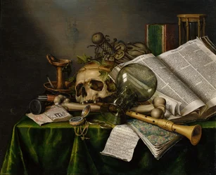 Vanitas. Natura morta con libri, manoscritti e un teschio