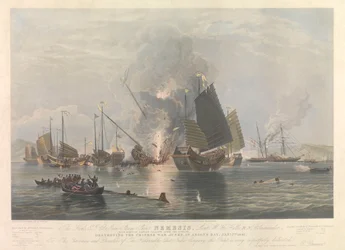Nave a vapore di ferro Nemesis, giunche da guerra nella baia di Anson, 7 gennaio 1841
