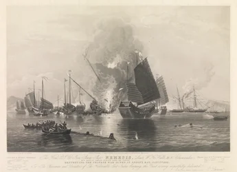 La Hon. E.I. Co. Iron Steam Ship Nemesis, ... con le barche di Sulphur, Calliope, Larne e Starling, che distruggono le giunche da guerra cinesi, nella baia di Anson, 7 gennaio 1841 (Chuenpee vicino a Canton)