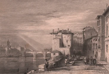 Veduta di Verona sul fiume Adige, Veneto, Italia, incisione in acciaio di Edward Francis Finden (1791-1857) su disegno di Augustus Wall Calcott (1779-1844), ca 12x10 cm