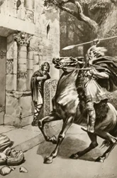 Il Sommo Sacerdote Coifi che percorre Goodmanham Lane per distruggere gli idoli, illustrazione da "La piccola isola del tesoro" di Arthur Mee, 1920 circa (litografia)