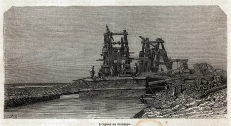 Draghe sul Canale di Suez, disegno di Grenet, per illustrare un