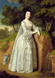 Elizabeth Montague in piedi in un paesaggio boscoso, c.1750