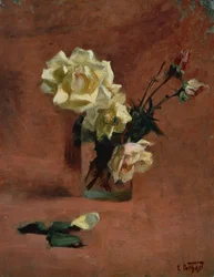 Natura morta con rose in un bicchiere