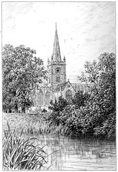 Chiesa di Stratford vista dal fiume, Stratford-upon-Avon, Warwickshire