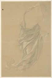 Studio di drappeggio di una figura che cammina verso destra, con il mantello sopra la testa