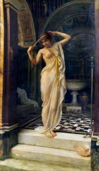 "Diadumene" Giovane donna nuda che si lega la benda in un bagno in stile antico. Dipinto di Edward John Poynter (1836-1919) (classicismo) 1893