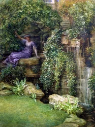 "La principessa e il ranocchio" Incontro in un giardino romantico tra una giovane principessa e un ranocchio (principe azzurro), dipinto di Edward John Poynter (1836-1919) (preraffaellita)
