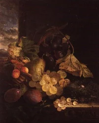 Natura morta con un cesto di frutta e un nido di uccelli su una mensola di legno
