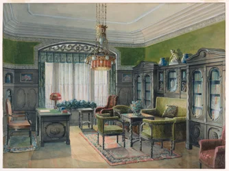 Disegno, Interno di biblioteca o ufficio, 1915 ca.