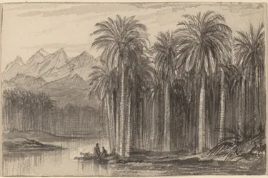 Figure che partono in canoe da un boschetto di palme Wady Feiran
