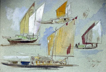 Studi di barche veneziane, a vela piena. Disegno ad acquerello colorato, di Edward Lear (1812-1888)