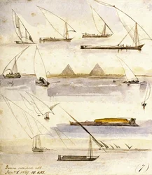 Studio di varie barche egiziane (Dahabeeyahs e Gyassis), con una scena davanti alle piramidi di Giza (Il Cairo) al centro della pagina