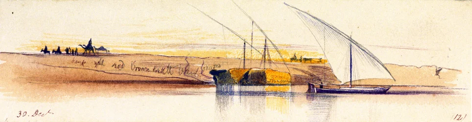 Le rive del Nilo (Egitto), con tre gyassis, due dei quali carichi di paglia, sullo sfondo, personaggi e animali sono raffigurati al tramonto