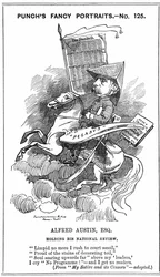 Alfred Austin (1835-1913) poeta laureato britannico dal 1896. Caricatura di Edward Linley Sambourne (1844-1910) nella serie Fancy Portraits in Punch, Londra, 3 marzo 1883, quando Austin divenne editore del National Review. Incisione.