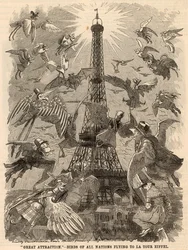 Uccelli di tutte le nazioni in volo verso la Torre Eiffel