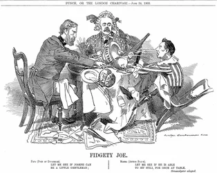 Governo di coalizione. Il duca di Devonshire e Arthur Balfour, al centro, cercano di controllare Joseph Chamberlain, capo del partito minore della coalizione. Nel settembre 1903 si dimise per essere libero di sostenere le sue riforme tariffarie.