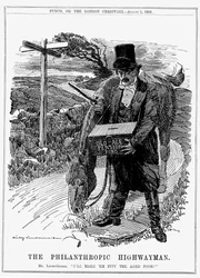 David Lloyd George (1863-1945) statista liberale britannico nato in Galles. Nel 1908, come Cancelliere dello Scacchiere, Lloyd George introdusse la sua legge sulle pensioni di vecchiaia. Caricatura di Edward Linley Sambourne da Punch, Londra, agosto 1908.