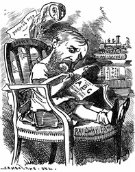 Evelyn Ashley (1836-1907) autore inglese e politico liberale: figlio del 7° conte di Shaftesbury. Caricatura di Edward Linley Sambourne nella serie Fancy Portraits da Punch Londra aprile 1881 quando Ashley era sottosegretario al Board of Trade.