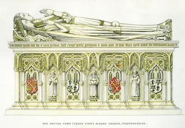 Lady Isabel Neville e il suo secondo marito, Sir William Smythe, dalla tomba Smythe, Chiesa di San Pietro, Elford, Staffordshire, Inghilterra, 1848-9