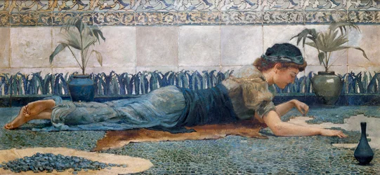 "Mosaico blu" Una giovane donna in un ambiente antico si sdraia sul pavimento e ricopre il suolo di mosaico. Dipinto di Edward Matthew Hale (1852-1924) (pre-rafaelita)