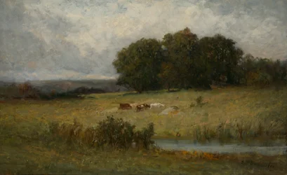 Scena luminosa di bestiame vicino al ruscello