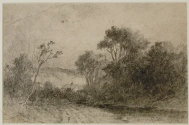 Paesaggio con tetti dietro alberi (#49) c. 1880