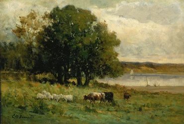 Senza titolo (bestiame vicino al fiume con barca a vela in lontananza)
