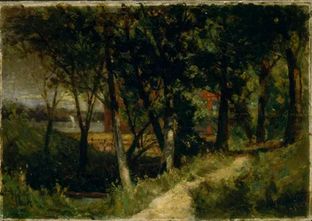 Senza titolo (paesaggio, scena di foresta con recinzione rossa ed edificio)