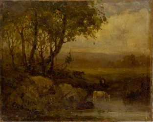 Senza titolo (paesaggio, riva del fiume, tre mucche)