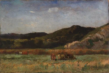 Senza titolo (paesaggio con mucche al pascolo, colline)