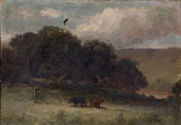 Senza titolo (paesaggio con alberi e due mucche in un prato)