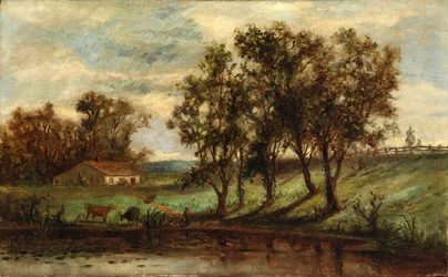 Senza titolo (uomo con mucche al pascolo vicino a uno stagno con casa e alberi sullo sfondo)