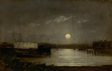 Senza titolo (luna su un porto, scena di pontile con luna piena e alberi di barche)