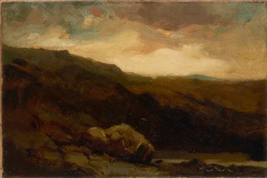 Senza titolo (paesaggio montano con roccia e ruscello in primo piano)