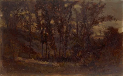 Scena forestale senza titolo, albero caduto in primo piano e casa sullo sfondo, 1873