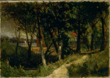Paesaggio senza titolo, scena forestale con recinto rosso e edificio, 1893