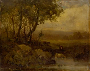 Paesaggio senza titolo, riva del fiume, tre mucche