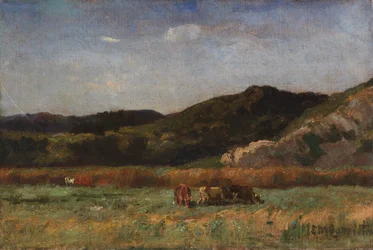 Paesaggio senza titolo con mucche al pascolo, colline