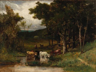 Paesaggio senza titolo con mucche nel ruscello vicino agli alberi, 1882