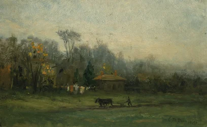 Paesaggio senza titolo con uomo che ara i campi, n.d.